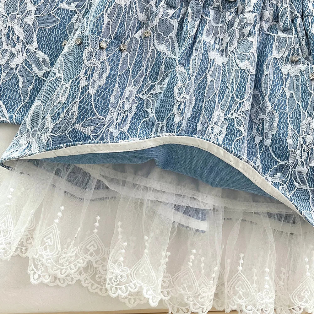 بنات' بدلة 2 جديد صيف lace دينم فيست توب جيب طقم قطعتين