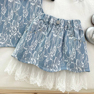 بنات' بدلة 2 جديد صيف lace دينم فيست توب جيب طقم قطعتين