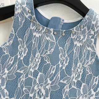 بنات' بدلة 2 جديد صيف lace دينم فيست توب جيب طقم قطعتين