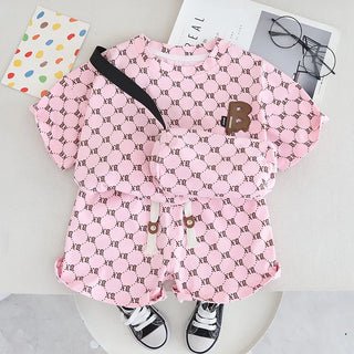 موضة 2025 جديد korean ستايل أولاد صيف بدلة أكمام قصيرة two-piece baby clothes with leopard logo design for أطفال