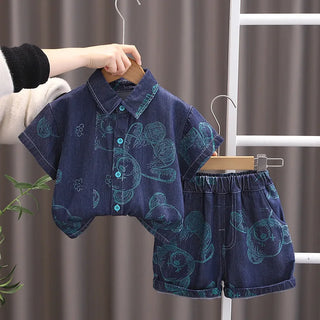 موضة 2025 صيف collection جديد 0-5-year-old أولاد' printed big bear cowboy أكمام قصيرةs 2-piece طقم