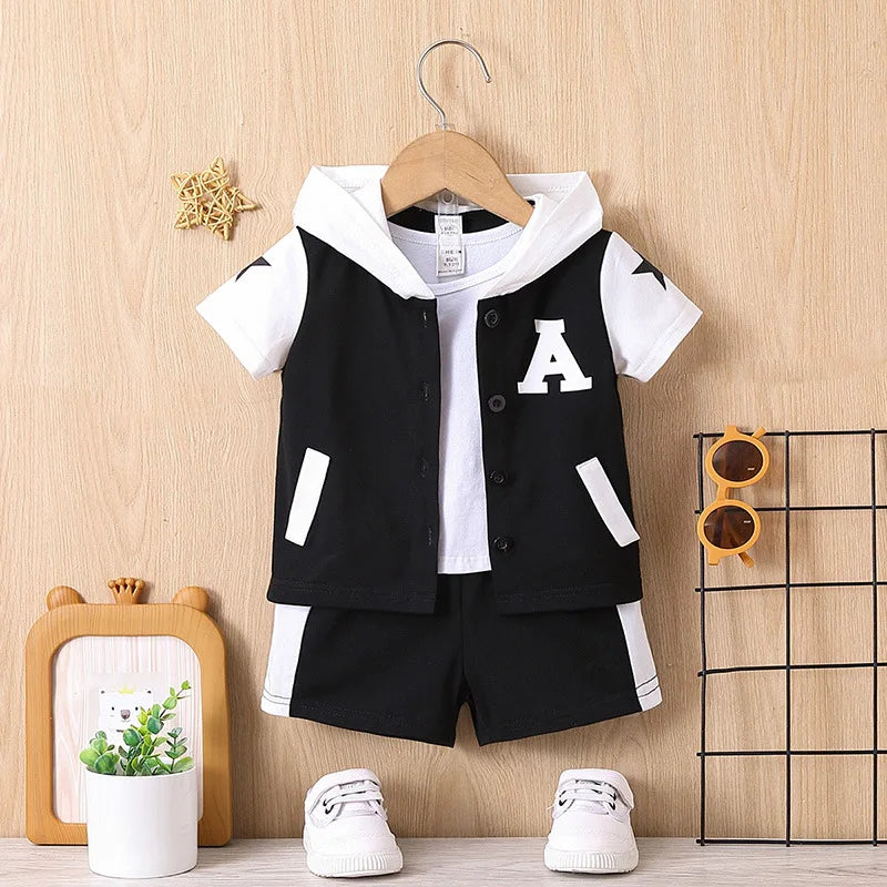 صيف أولاد clothing كاجوال ستايل solid color cross-border trade hooded أكمام قصيرة shorts foreign ستايل baby بدلة