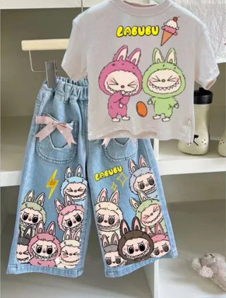 موضة 2025 صيف جديد cartoon print كاجوال ستايل أكمام قصيرة bow دينم pants children's two-piece بدلة