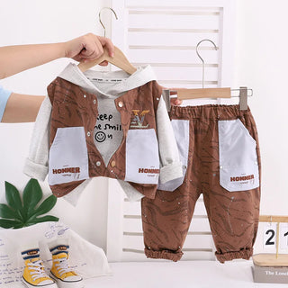 موضة 2025 جديد أولاد' korean water pattern waistcoat أكمام طويلة three-piece cotton كاجوال خريف بدلة with cool wind