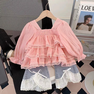 موضة 2025 خريف جديد cute lace jacket and jeans طقم قطعتين كاجوال foreign ستايل children's clothing for babies plus size