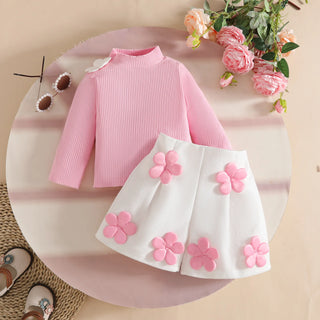 موضة 2025 sweet and fashionable baby بنت small high neck decal أكمام طويلةd توب fabric decal shorts طقم