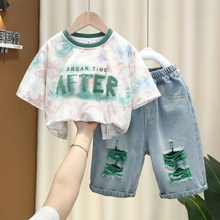 موضة 2025 ولد's clothes طقم for صيف letter print shirt patched دينم shorts 2 pcs sets