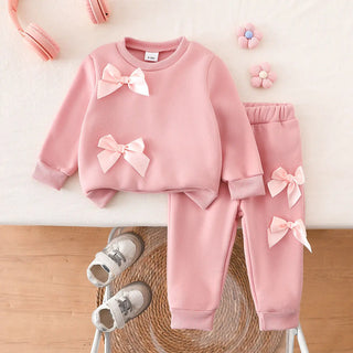 بنت's pink bow two-piece بدلة with أكمام طويلةs cute كاجوال ستايل for baby solid pattern home clothing for ربيع وخريف