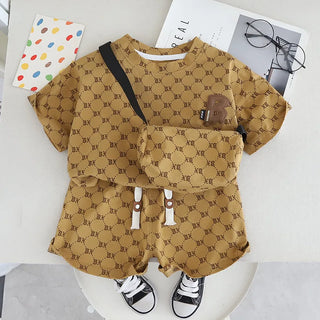 موضة 2025 جديد korean ستايل أولاد صيف بدلة أكمام قصيرة two-piece baby clothes with leopard logo design for أطفال