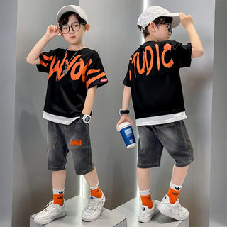 جديد cuhk أولاد two-piece بدلة korean version كاجوال cotton pants & أكمام قصيرة t-shirt trendy print design
