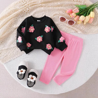 hot selling جديد خريف and شتاء بنات' round neck three-dimensional embroidered flower hoodie solid color pants طقم قطعتين