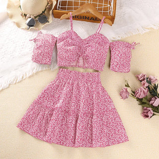 موضة 2025 صيف بنات clothing طقم جديد cross-border floral overskirt with بليسيه أكمام قصيرة jacket and suspenders