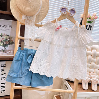 موضة 2025 صيف بنات' cute كاجوال طقم قطعتين جديد lace shoulder توب & jeans