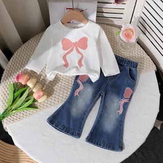 كاجوال جديد cross-border بنات طقم قطعتين round neck printed knit توب and دينم bow embroidered jeans with solid pattern
