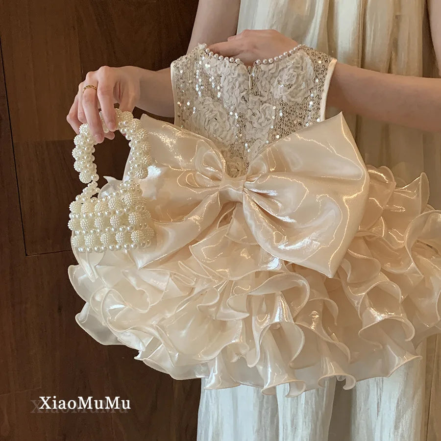 children's formal satin ball gown pageant فستان for 1-6yrs toddlers birthday party gowns baby فستان lace bow appliques