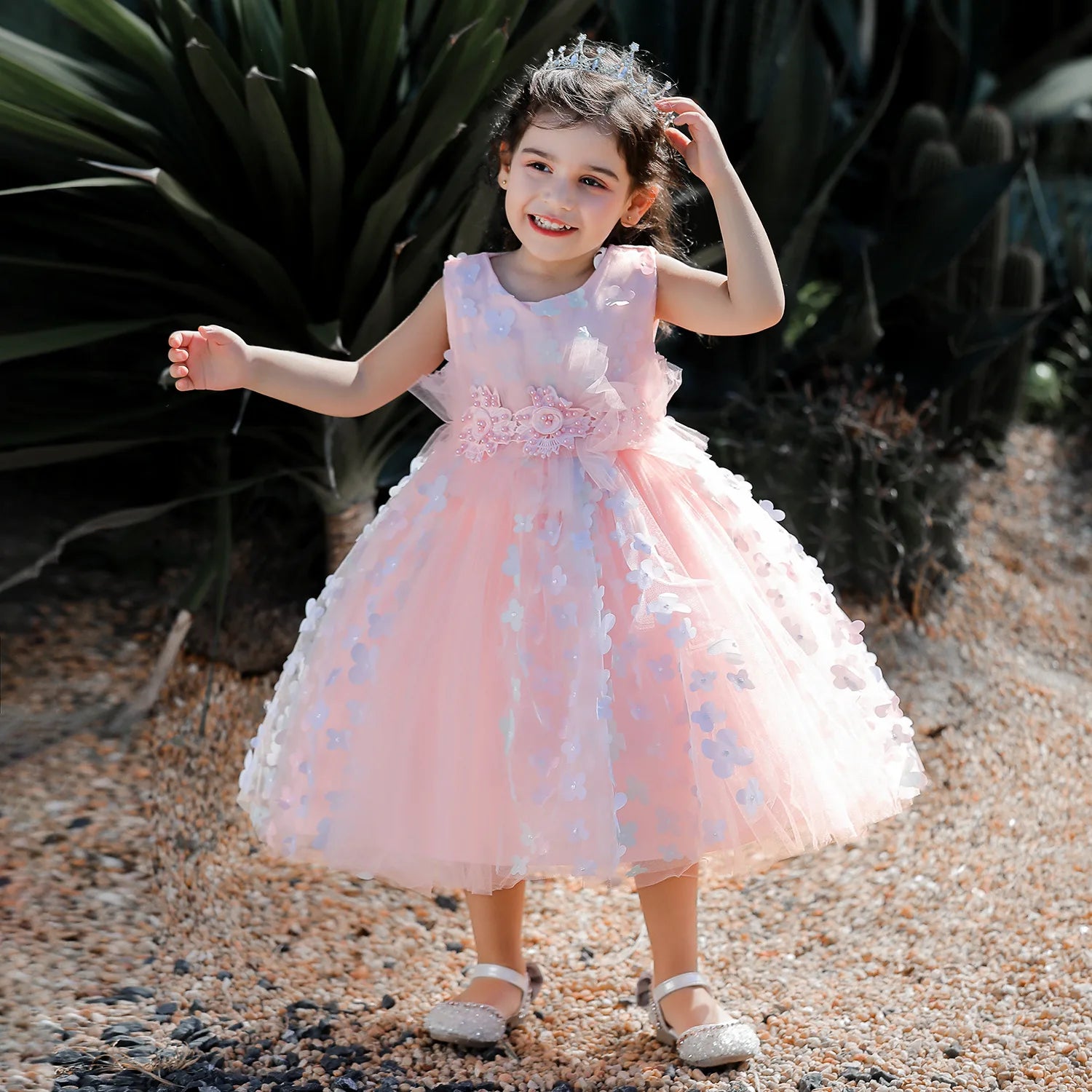 luxury صيف أطفال فستان for بنات 3 years old flower appliqued تل puffy frock بدون أكمام solid pattern button decoration