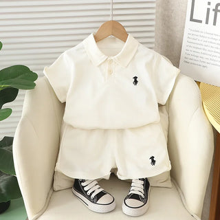 موضة 2025 جديد أولاد صيف بدلة foreign ستايل cotton printed child sets with solid lapel أكمام قصيرة خفيف clothing for أطفال