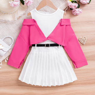 بنات suits for صيف hot-selling off-shoulder طويل-sleeved tops waist-hugging بليسيه جيب belt three-piece طقم