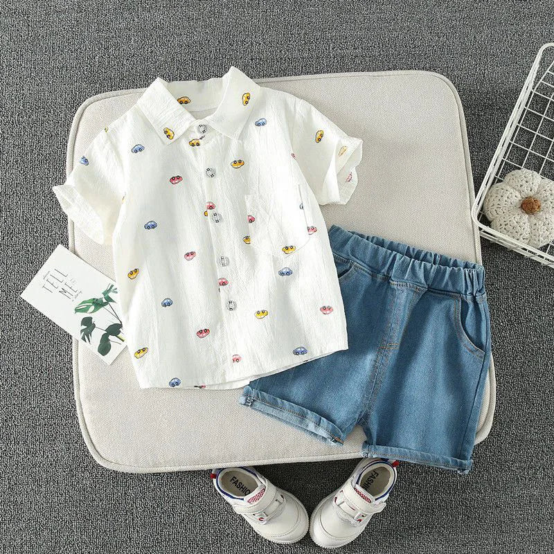 أولاد odm cotton طقم قطعتين أكمام قصيرة صيف بدلة with print كاجوال خفيف breathable shirt & jeans for children