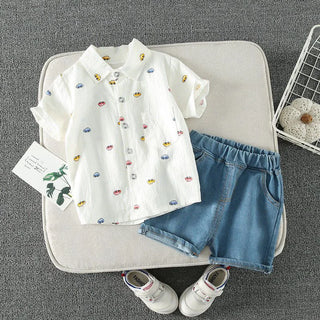 أولاد odm cotton طقم قطعتين أكمام قصيرة صيف بدلة with print كاجوال خفيف breathable shirt & jeans for children