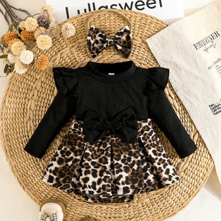 sweet and lovely baby بنت ربيع وخريف جمبسوت with triangle hat leopard print cotton clothing طقم fashion ستايل