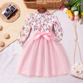 جديد بنات' أكمام طويلة lapel flower printed فستان woven belt children's صيف odm knitted fabric فستان button decoration