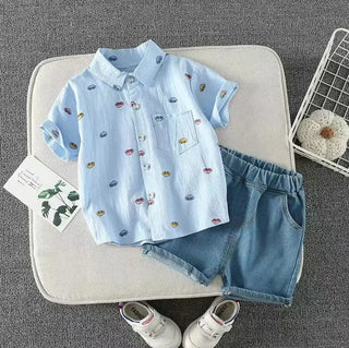 أولاد odm cotton طقم قطعتين أكمام قصيرة صيف بدلة with print كاجوال خفيف breathable shirt & jeans for children