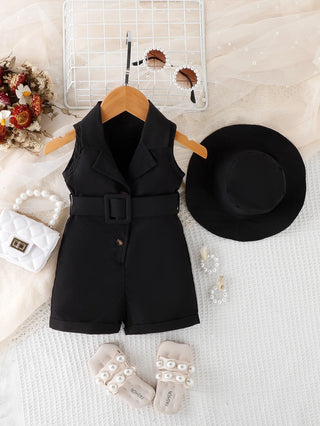 2024 صيف boutique infant بنات clothing بدون أكمام solid color lapel v neck belt bodysuit hat 2pcs baby جمبسوت