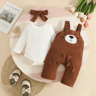 baby بنات fall شتاء طقم bear corduroy cotton jacket and pants with hackle straps أكمام طويلة 3pcs ins ستايل طقم