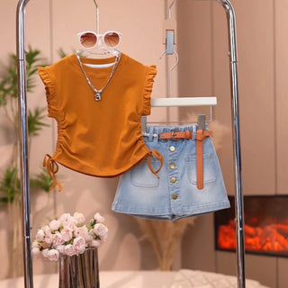 موضة 2025 بنات صيف كاجوال طقم قطعتين جديد foreign ستايل print فيست دينم جيب pants with drawstring for little children