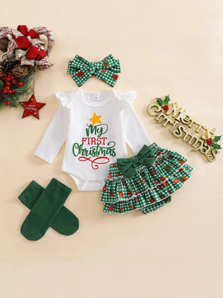 christmas tree plaid أميرة فستان socks طقم أكمام طويلة coat fall شتاء baby بنات four-piece outfit made cotton-جديد fashion