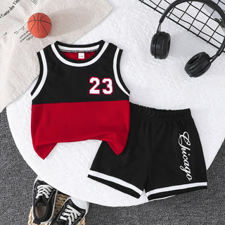 بدون أكمام black and red baby basketball بدلة with print pattern includes كاجوال fashion pants-طقم قطعتين