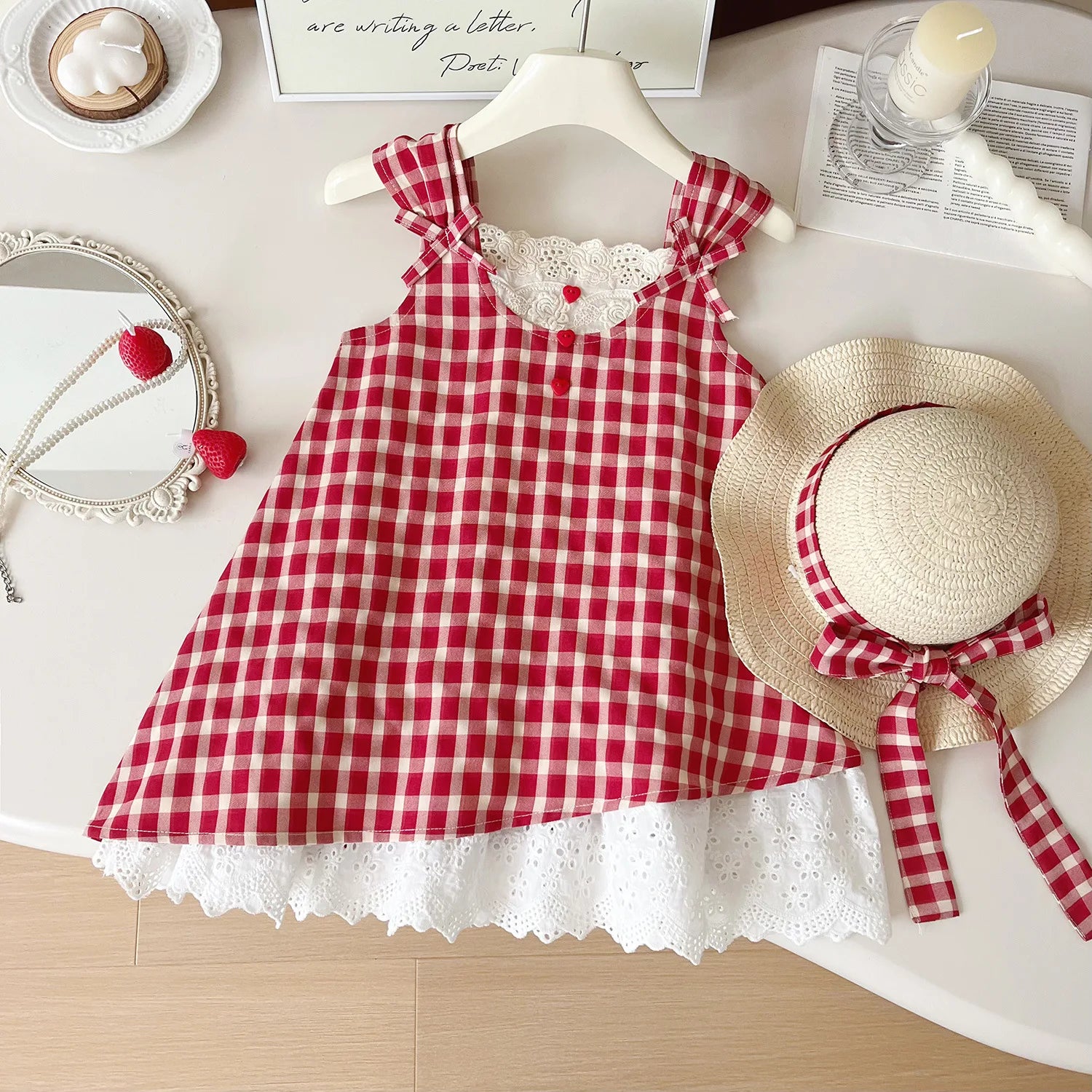 موضة 2025 صيف جديد بنات' plaid lace camisole فستان، cute and beautiful بنات' فستان