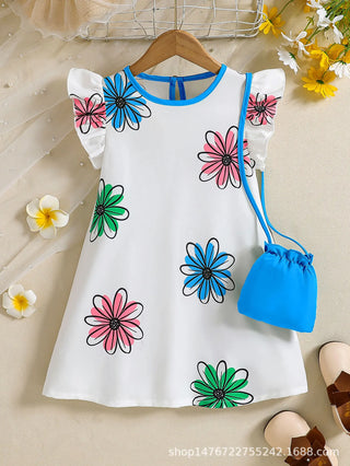 بنات' colorful floral print small fly أكمام، back collar، water drop buckle كاجوال loose فستان