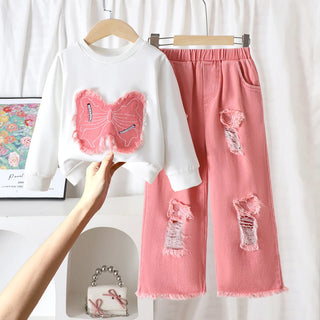 european american خريف شتاء trend كاجوال بنات' طقم قطعتين solid دينم bow embroidered توب frock pants explosion print
