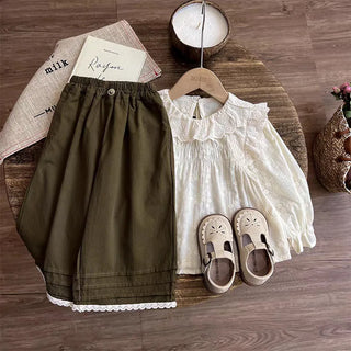 خريف جديد كاجوال children's clothing بنات mori lace embroidered blouse trousers solid two-piece female بدلة cute for بنات