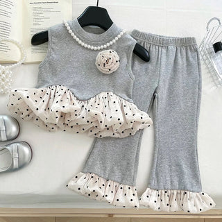 موضة 2025 صيف korean version كاجوال طقم قطعتين stretch بدون أكمام بدلة with color matching wave point فيست nine flared pants