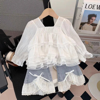 موضة 2025 خريف جديد cute lace jacket and jeans طقم قطعتين كاجوال foreign ستايل children's clothing for babies plus size