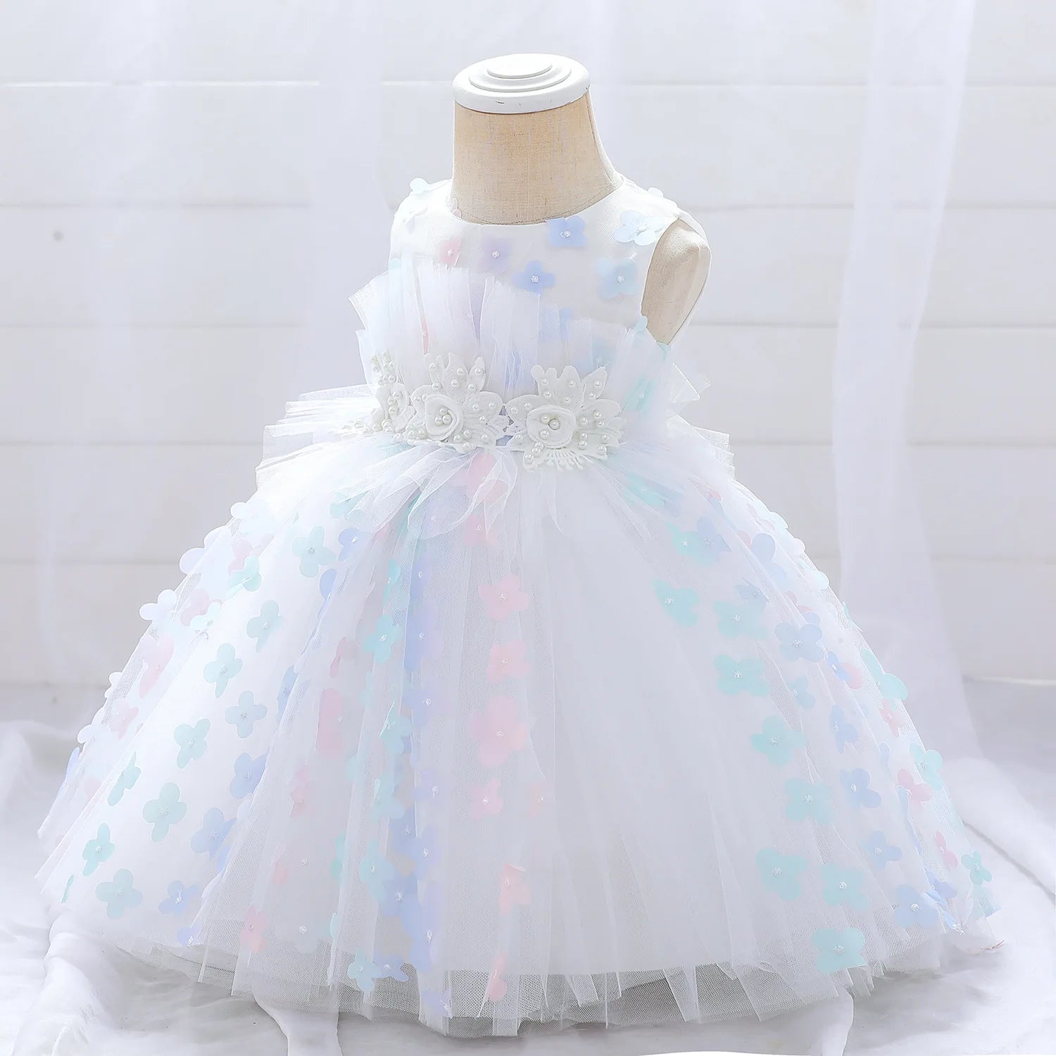 luxury صيف أطفال فستان for بنات 3 years old flower appliqued تل puffy frock بدون أكمام solid pattern button decoration