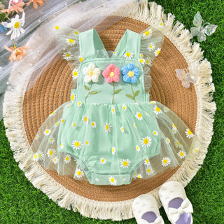 صيف newborn infant clothing بدون أكمام 3d flower patchwork تل bodysuit backless baby بنت romper فستان