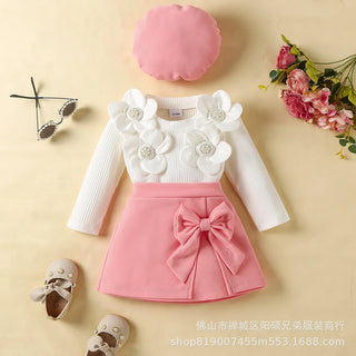 جديد infant بنت بدلة flower toddler baby بنت birthday فستان with hat أكمام طويلةd pink kid party فستان