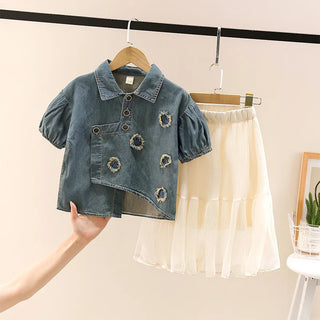 موضة 2025 صيف كاجوال children's clothing بنات' أكمام قصيرة دينم توب white جيب بدلة toddler بنت's foreign two-piece outfit