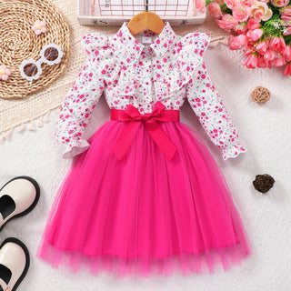 جديد بنات' أكمام طويلة lapel flower printed فستان woven belt children's صيف odm knitted fabric فستان button decoration
