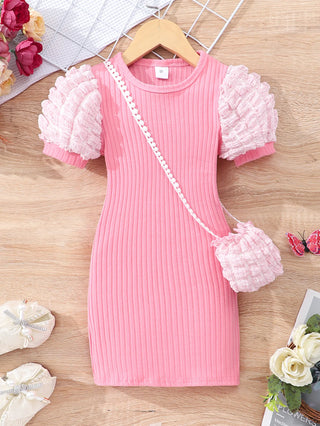 أكمام قصيرة bubble فستان for بنات light knitted fabric with button decoration small medium-sized children solid color صيف