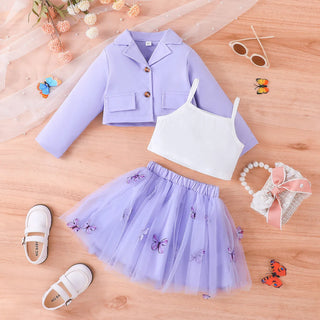 موضة 2025 جديد ربيع وخريف بنات' طقم أكمام طويلة coat tank توب قصير جيب 3-piece طقم
