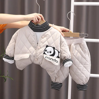 موضة 2025 شتاء جديد بنات korean diamond panda cotton أكمام طويلة coat طقم كاجوال solid ستايل three-piece outfit for أطفال