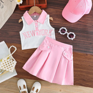 موضة 2025 بنات صيف cute pink بدون أكمام توب بليسيه جيب كاجوال cotton print بنت sets