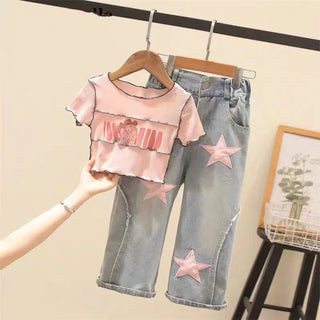 موضة 2025 صيف high waist tight أكمام قصيرة بنات' طقم قطعتين جديد age range canvas fabric suspenders plus jeans