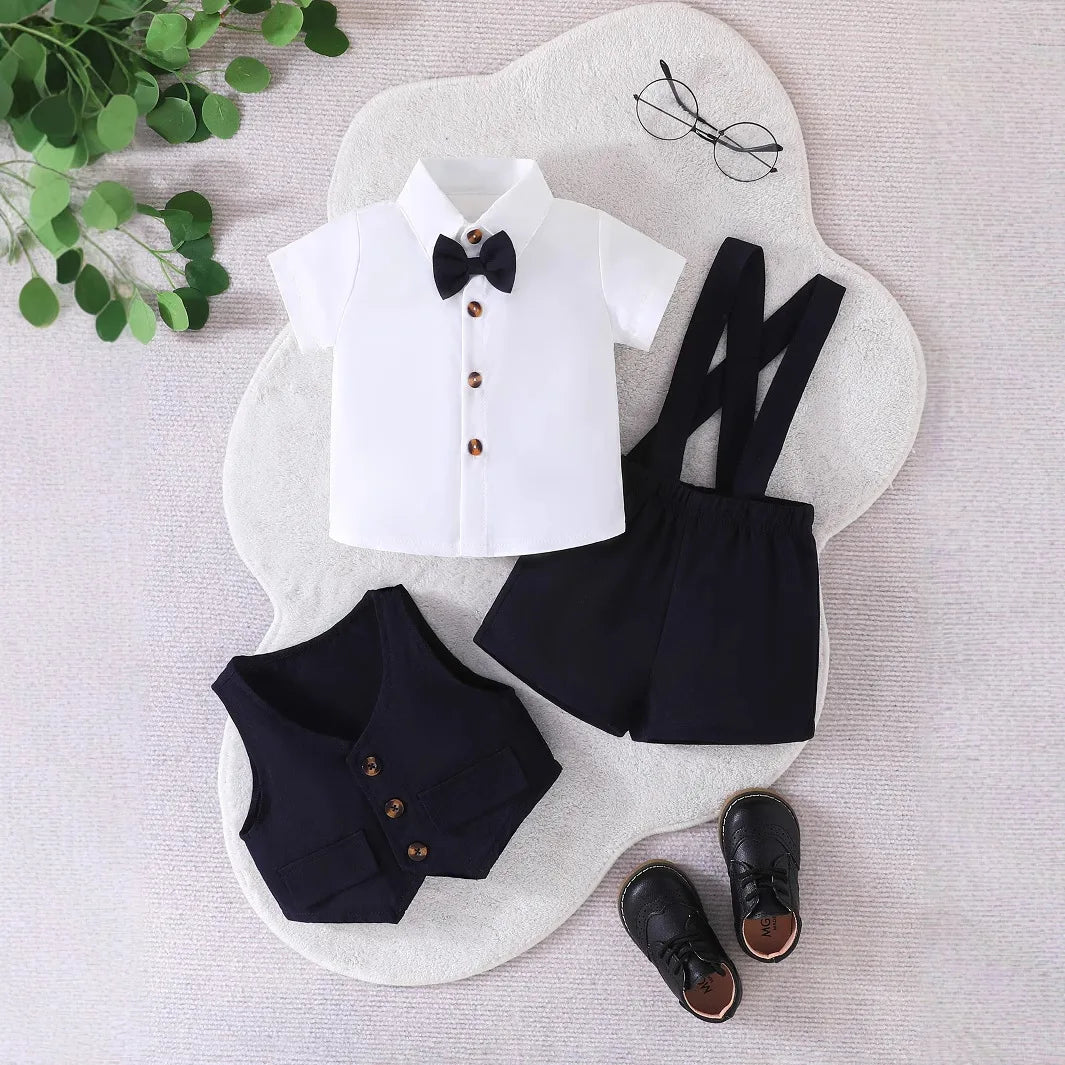 صيف gentleman ولد and baby three-piece cotton بدلة 100% cotton أكمام قصيرة collar توب straps small waistcoat 3pcs طقم