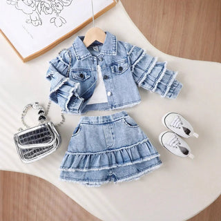 جديد fashion 2pcs بنات clothing طقم أكمام طويلة دينم jacket coat with layered قصير جيب outfits